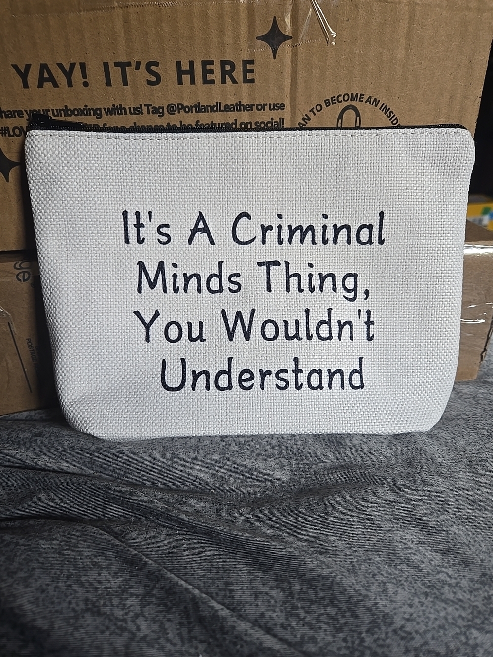 Canvas Zipper Pouch "It's A Criminal Minds Thing" - White with Black Text